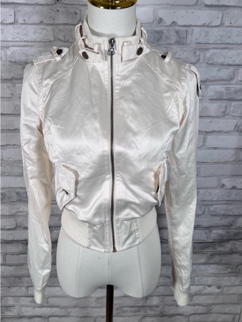 Yoki Cream Satin Bomber Jacket with Epaulets